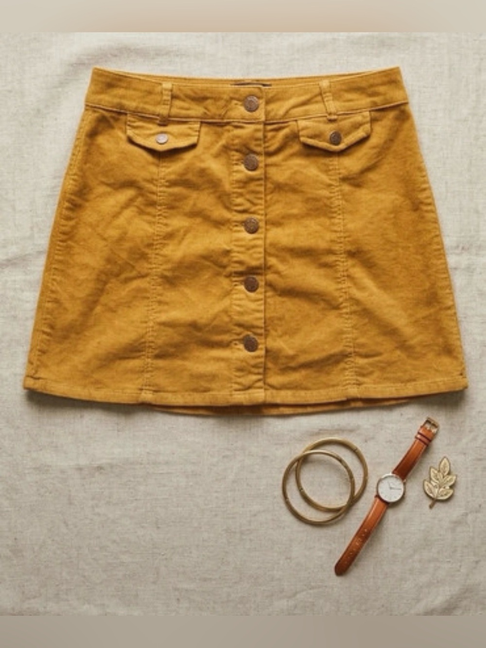 Mustard Button-Front A-Line Skirt